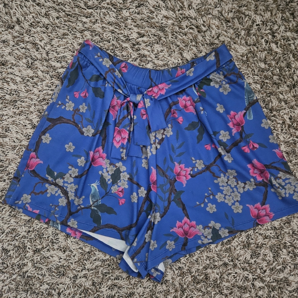 ASOS Blue Floral Bird Print Tie Waist Shorts (size 4)